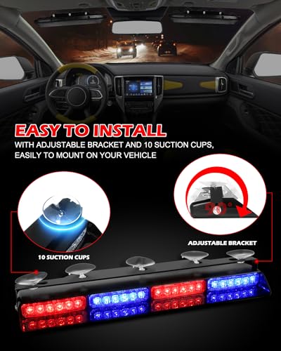 HLauto 604N Emergency Dash Strobe Lights: 2x16.8 inch Red Blue Security Light w/Take Down, 48 LED Safety Flashing Warning Hazard Interior Windshield Light Bar for Trucks Vehicles - color: #09 Red / Blue
