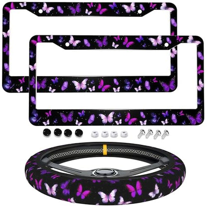 Purple Butterfly License Plate Frame Beauty Butterfly Steering Wheel Cover Funny Cars Decor Aluminum Plate Frame Anti-Slip Breathable with Screws Fits Standard Us Ca Vehicles - color: Purple Butterfly
