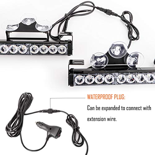 Blue/White 2 in 1 Emergency Strobe Light Bar 21 Flash Patterns Traffic Advisor Warning Hazard Windshield Safety Lights Bar with Cigar Lighter for Police Vehicles, Truck (2×16.8 inch, 32 Led) - color: Blue/White