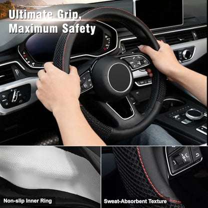 KAFEEK 15 inch Steering Wheel Cover, Cooling Ice Silk Mesh with Microfiber Leather, Ultra Breathable, Anti Slip Car Grip, Heat Resistant Summer Cool, Universal Fit, Black - color: black, size: Standard Size[14.5"-15"]