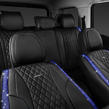 CAR PASS Nappa Leather seat Covers Bling Diamond Car Seat Covers Full Set Universal Cushioned, Waterproof Heavy-Duty Anti-Slip Luxury, Fit for SUV Sedan,Sparkly Glitter Women Crystal Blue Rhinestone - color: Blue Diamond, size: Full Set