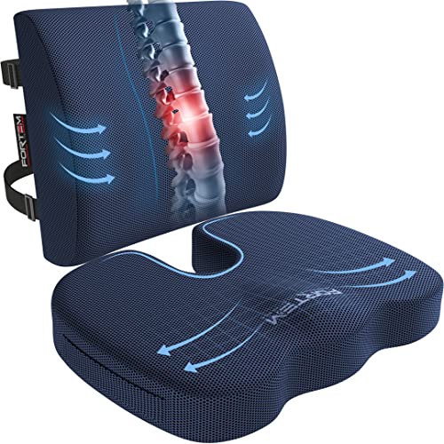 FORTEM Seat Cushion, Office Chair Cushion, Lumbar Support Pillow for Office Chair, Memory Foam Sciatica Coccyx Tailbone Pressure Pain Relief, Car Sitting Pad, Washable Non Slip - color: Blue Mesh, size: Large