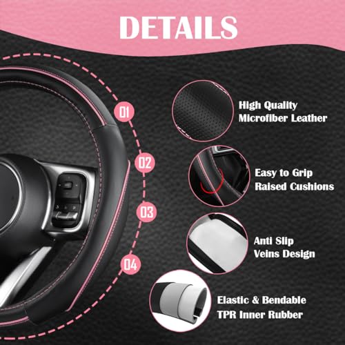 CAR PASS Car Seat Covers Full Set for Women Girls with Waterproof Car Floor Mats,Anti-Slip Leather Steering Wheel Cover,Universal Fit for SUVs,Vans,Trucks,Sedans,Cars (Combo Set,Black & Pink) - color: Black & Pink
