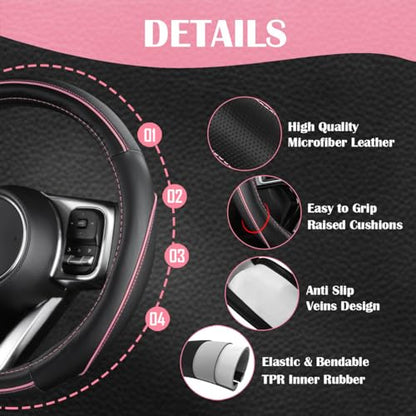 CAR PASS Car Seat Covers Full Set for Women Girls with Waterproof Car Floor Mats,Anti-Slip Leather Steering Wheel Cover,Universal Fit for SUVs,Vans,Trucks,Sedans,Cars (Combo Set,Black & Pink) - color: Black & Pink