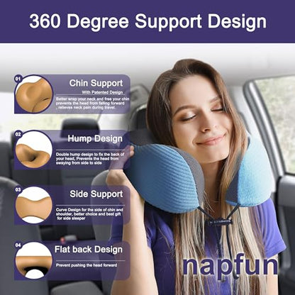 napfun Neck Pillow for Travel with Travel Pouch, Sleep Mask & Earplugs, Memory Foam Airplane Pillow for Headrest Sleep with Eyeshades, Plane Essentials with Eye Blindfold, Sky Blue Striped Kit - color: Sky Blue Striped Kit
