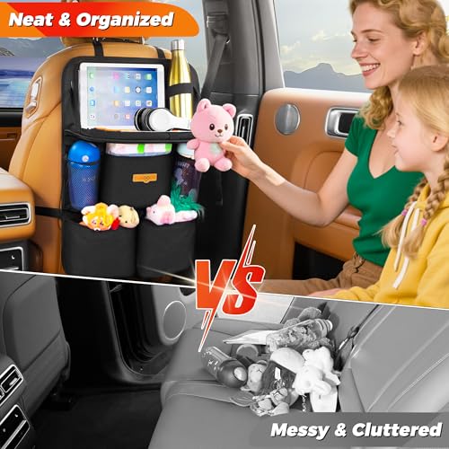 SURDOCA Backseat Car Organizer with Foldable Tray for Kids & Adults – NEW MODEL Seat Storage with Touchable Tablet Pocket, Roadtrip Essentials – Fits Most Vehicles - color: Black (1 Pack)