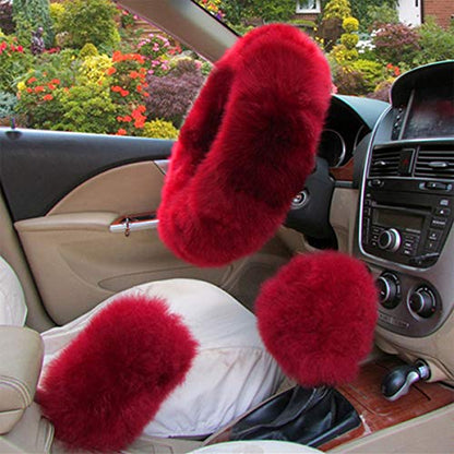 1 Set 3 Pcs Car Steering Wheel Cover & Handbrake Cover & Gear Shift Cover Set Faux Wool Warm Winter (Wine Red-3pcs) - color: Wine Red-3pcs
