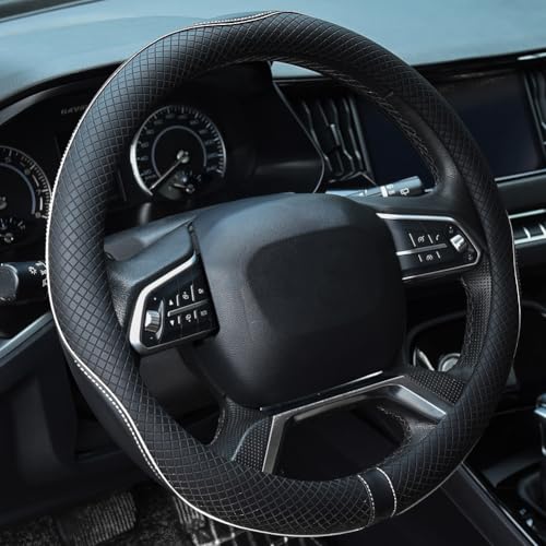 Rueesh Microfiber Leather Steering Wheel Cover Anti-Slip Matte Finish Auto Car Wheel Cover Universal 15 Inch Wheel Cover for Car Embossing Pattern (M (14.5"-15" Diameter), White Line) - color: White