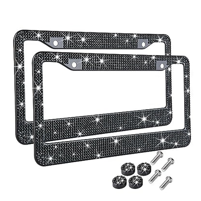 Black Bling License Plate Frame for Women Men, 2 Pack Black Rhinestone Diamond License Plate Frame, Glass Crystal Black Glitter License Plate Frame, Metal Black Sparkly License Plate Frames - color: Black, size: 2