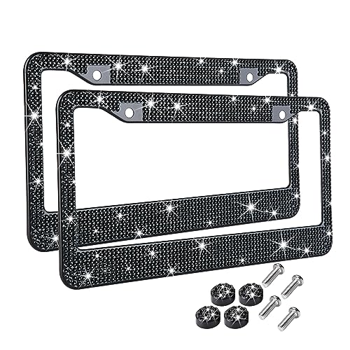 Black Bling License Plate Frame for Women Men, 2 Pack Black Rhinestone Diamond License Plate Frame, Glass Crystal Black Glitter License Plate Frame, Metal Black Sparkly License Plate Frames - color: Black, size: 2