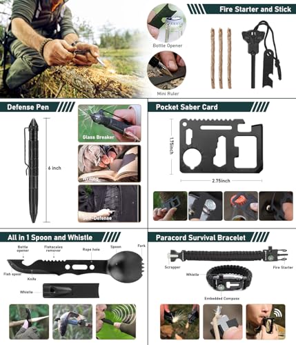 Survival Kit, 262Pcs Survival Gear and Supplies with First Aid Kit Pouch and Crossbody Bag, Emergency Kit with Tent, Camping Axe Hammer, Survival Shovel w/Pick, Bug Out Bag Gifts for Men Women - color: Brown