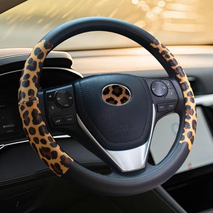Universal Leather Leopard Cheetah Steering Wheel Cover Women 14.5-15 inch Leopard car Accessories Western Anime Brown Cute Wheel Cover Hip Hop Anti-Slip Car Protecter for Men - color: Leopard Print-SC
