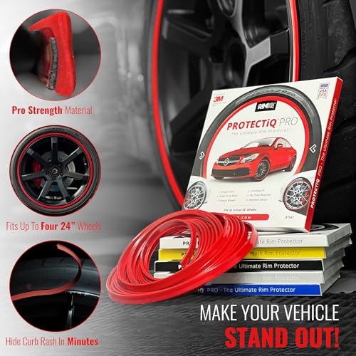 RIMiQ PROTECTiQ PRO Universal Rim Protection Trim - Curb Rash Guard with Award-Winning 3/8" Patented Design and Premium 3M Tape - Fits Up to 4X 24 Wheels, Cars, Trucks, SUVs - Red - color: Red, size: Protectiq Pro