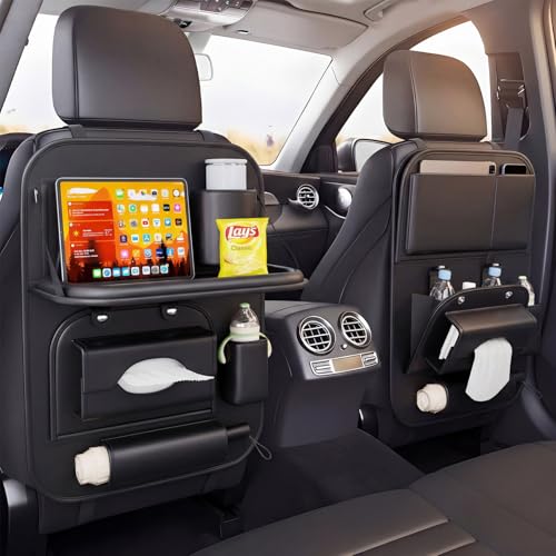 2 Pack Universal Premium Leather Foldable Car Backseat Organizer with Table Tray, Car Seat Back Protector with Garbage Bag Touch Screen Pad Holder, Car Kick Mats with Tissue Box (Black) - color: Black, size: 2 Pack