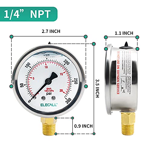 2-1/2" Liquid Glycerin Filled Air Pressure Gauge, 0-300Psi, 1/4" NPT Lower Mount, Stainless Steel Case, Brass Internals, Water Pressure Gauge - size: 0-300 Psi