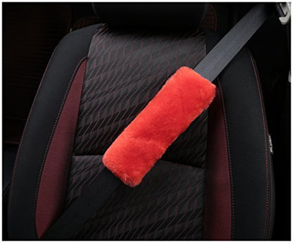 U&M 2 Pack Genuine Sheepskin Auto Seat Belt Cover for Adult Youth Kid Toddlers -Soft Warm Car, Truck, SUV, Camera Backpack Strap Shoulder Pad Wool Fluffy - color: orange red