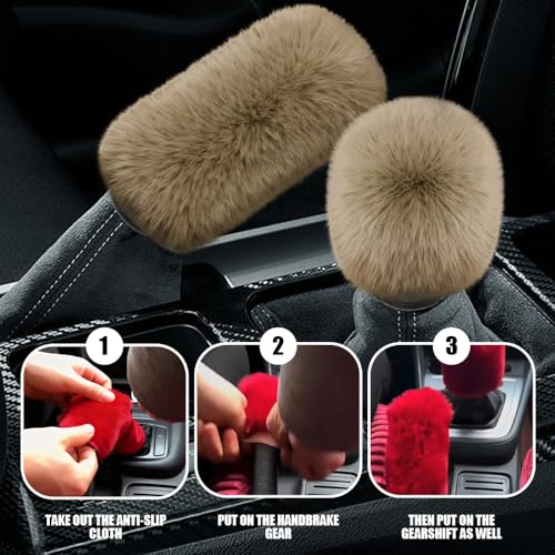 2PCS Plush Car Gear Shift Knob Cover & Handbrake Cover, Shift Knob Protector, Soft Fluffy Gear Handbrake Protective Sleeves, Shifter Lever Brake Handle Warm Plush Set for Cars (Khaki) - color: Khaki