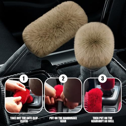 2PCS Plush Car Gear Shift Knob Cover & Handbrake Cover, Shift Knob Protector, Soft Fluffy Gear Handbrake Protective Sleeves, Shifter Lever Brake Handle Warm Plush Set for Cars (Khaki) - color: Khaki