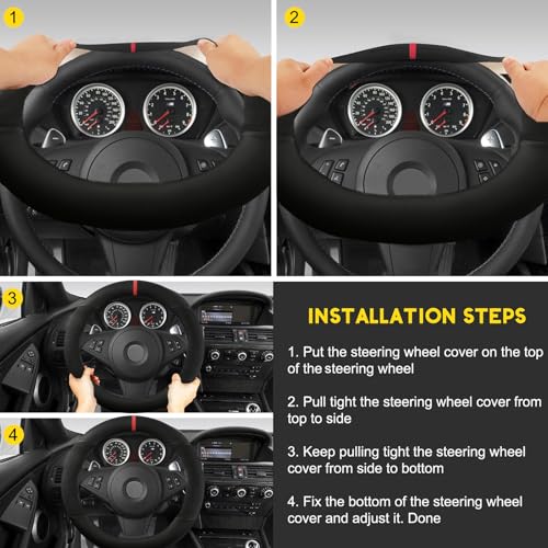 Suede Steering Wheel Cover with Upgraded Silicone Inner Ring, Anti Heat, Breathable, Anti-Slip, Leather Universal 14.5 to 15 inch Steering Wheel Cover (Partial Genuine Leather) - style: Partial Genuine Leather