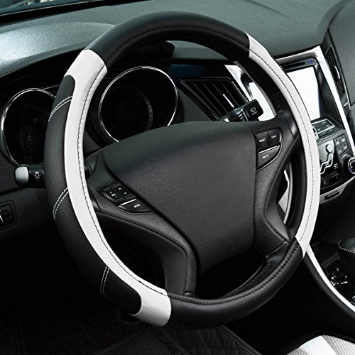CAR PASS Line Rider Microfiber Leather Sporty Steering Wheel Cover Universal Fits for 95% Truck,SUV,Cars,14.5-15inch Anti-Slip Safety Comfortable Desgin (Black-White) - color: Black＆White, size: Standard[14.5"-15"]