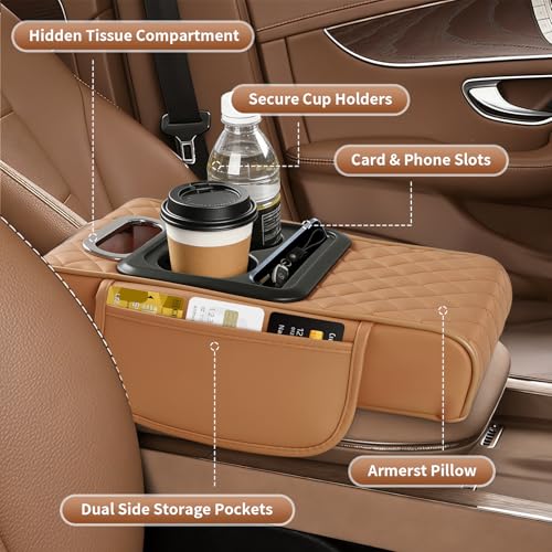 5-in-1 Car Armrest Cushion, Multifunctional PVC Leather Center Console Armrest Pillow Elbow, Universal Arm Box Pad Cover with Cup Holder, Phone Slot, Tissue Box Slot & 2 Storage Bags, Grey - color: Gray