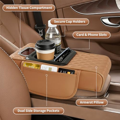 5-in-1 Car Armrest Cushion, Multifunctional PVC Leather Center Console Armrest Pillow Elbow, Universal Arm Box Pad Cover with Cup Holder, Phone Slot, Tissue Box Slot & 2 Storage Bags, Grey - color: Gray