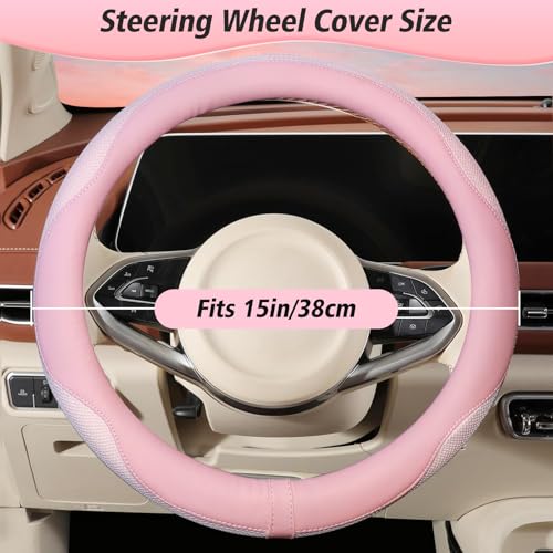ZHOL Light Pink Steering Wheel Cover, Breathable Microfiber Leather Anti-Slip Cute Car Steering Wheel Cover for Women, Warm in Winter and Cool in Summer, 15 Inch - color: Round-Pink