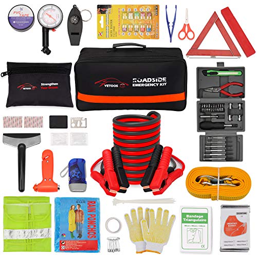 Vetoos Roadside Emergency Car Kit with Jumper Cables, Auto Vehicle Safety Road Side Assistance Kit Essentials, Winter Car Kit for Women and Men, with Mini Car Tool Set, Dial Tire Pressure Gauge - style: Essential Kit + Mini Tool Set