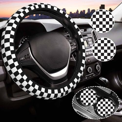 Black and White Checkered Steering Wheel Cover for Women, Universal Auto Steering Wheel 14-15 Inch Car Interior Accessories with 2PCS Car Coasters, Suitable for Men and Women - color: black and white