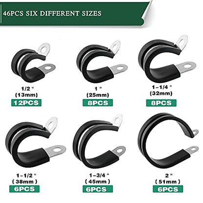 OURU 46PCS Cable Clamps Assortment Kit,Stainless Steel Rubber Coated Cushioned Insulated Cable Clamp,Automotive Wire Clamps,Pipe Clamps,Metal Clamp in 6 Sizes—1/2'' 1'' 1-1/4'' 1-1/2'' 1-3/4'' 2'' - size: 46pcs - 1/2", 1", 1-1/4", 1-1/2", 1-3/4", 2"