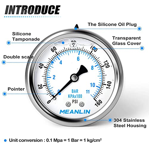 MEANLIN MEASURE 0~160Psi Stainless Steel 1/4" NPT 2.5" FACE DIAL Liquid Filled Pressure Gauge WOG Water Oil Air Center Back Mount, with 1/2" NPT and 3/8" NPT Hex Bushing - size: 0-160psi