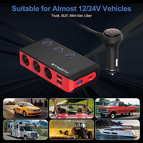Car Cigarette Lighter Adapter, USB C Charger 30W and Quick Charge 3.0 Car Cigarette Lighter Splitter, 12V/24V Independent Switches, Fast Car USB Charger for All Car Devices, iPhone 14/13/12 pro - color: Black+Red