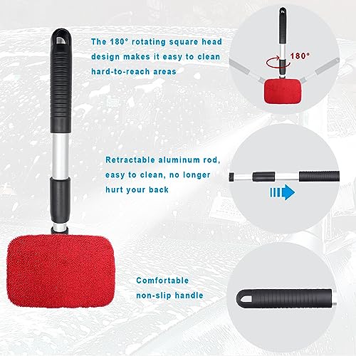 Ziciner Car Windshield Cleaner, Microfiber Auto Cleaning Wiper with Aluminum Extendable Handle and 2 Washable Reusable Cloth Pad Head, Universal Vehicle Interior Exterior Cleaner Kit (Red-Rectangle) - size: Red-rectangle