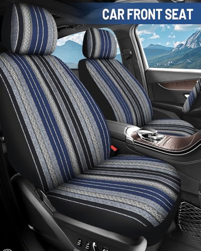 Baja Saddle Blanket Car Seat Covers Front Set with Seat Belt Pads, Washable Breathable Striped Woven Cloth Seat Covers for Cars, SUV, Truck, Airbag Compatible(Blue) - color: Blue, size: Front Set