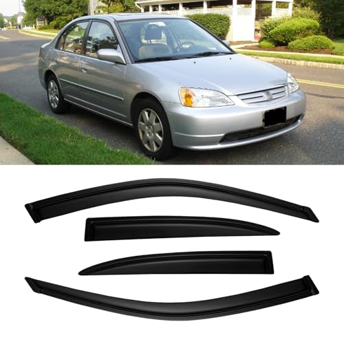 Window Visors for Honda Civic 2001-2005 4-Door Sedan, Outside-Mount Rain Guards Shields Vent Deflector Shade Dark Smoke 01 02 03 04 05, Tape-On, 4PCS - style: For 2001-2005 | Honda Cicic 4-Door | Out-Channel