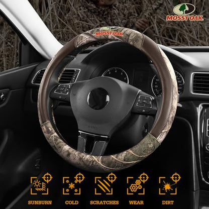 Mossy Oak Full Camo Steering Wheel Cover - Made from Premium Leather, Universal Fit for 14 1/2 to 15 inches - Official Licensed Product - Brown Color - color: BROWN