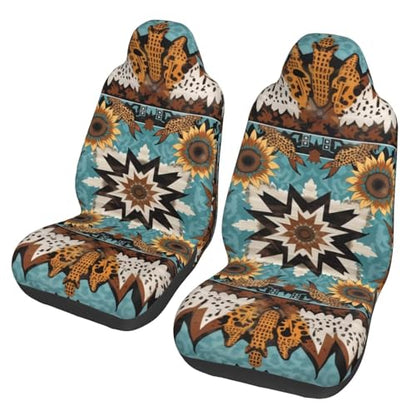 Car Seat Covers for SUV Truck Van Sedans Boho Sunflower Aztec Polyester Fabric Front Bucket Seat Cover Southwest Western Cow Teal Blue Car Accessories, Set of 2pcs - color: BOHO Sunflower