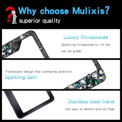 2 Pack Black Bling License Plate Frames for Women Sparkly Rhinestone Diamond Car Accessories with Glitter Crystal Caps Stainless Steel Frame - High-End Gift Box Packaging - color: CPJ-LBJG-002 black gem 2pcs