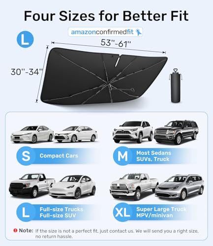Zanch 2025 Upgraded Car Windshield Sun Shade [Cool Down by 75℉ ] with Heat Insulation Coating, Foldable Sunshade Umbrella with Flexible Handle & Ribs, Large (34''x61'') for Large SUV, Truck, Van - size: Large 61''x34''