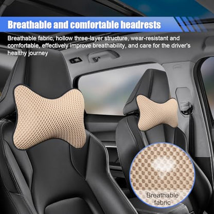 ZIMISI 2PCS Car Headrest Pillow, Breathable Leather Car Neck Pillow, Soft Cloud Silk Cotton Neck Support Relief Cushion, Comfortable Automotive Seat Head Rest Pad for Driving Fatigue Relief (Beige) - color: Beige