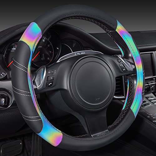CAR PASS Line Rider Microfiber Leather Sporty 14.5-15 inch Steering Wheel Cover Universal Fits for 95% Truck,SUV,Cars, Anti-Slip Safety Comfortable Design (Black Reflective) - color: Black＆Reflective, size: Standard[14.5"-15"]