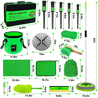 Lezcufer 17Pcs Car Wash Kit,62" Car Wash Brush Mop with Long Handle,Car Cleaning Kit,Car Detailing Brush Set,Car Wash Bucket,Car Wheel Brush,Complete Interior Car Cleaning Supplies