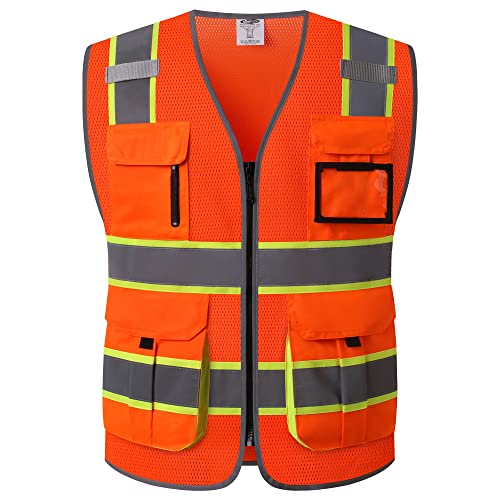 JKSafety 9 Pockets Hi-Vis Mesh Safety Vest for men and women | Chaleco reflectante de seguridad | Zipper Front | Multiple Pockets | Class 2 (140-Orange XL) - color: Jk140-orange, size: X-Large