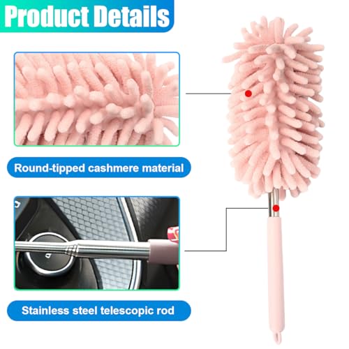 2PCS Car Interior Duster with Extension Pole – Washable Microfiber Dusters Detailing Brushes with Bendable Head, Long Handle Cleaning Duster Tool for Car Dash, Vents, Window, Furniture, Office (Pink) - color: Pink