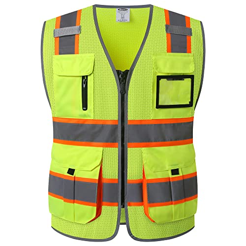 JKSafety 9 Pockets Hi-Vis Mesh Safety Vest for men and women | Chaleco reflectante de seguridad | Zipper Front | Multiple Pockets | Class 2 (140-Yellow XL) - color: Jk140-yellow, size: X-Large
