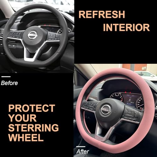 PINCTROT D Shaped Nappa Leather Steering Wheel Cover, Slim Fit No Bulk Design, One Piece Leather with Breathable Perforation, Fit Like Gloves, Flat Bottom 14.5-15 Inch(Nappa Pink) - color: 04.Pink, size: D Shaped/Flat Bottom[14 1/2''-15'']