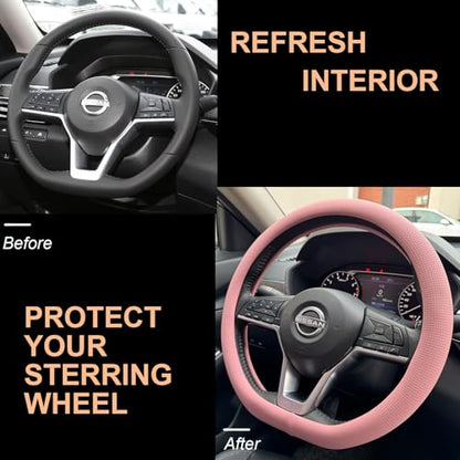 PINCTROT D Shaped Nappa Leather Steering Wheel Cover, Slim Fit No Bulk Design, One Piece Leather with Breathable Perforation, Fit Like Gloves, Flat Bottom 14.5-15 Inch(Nappa Pink) - color: 04.Pink, size: D Shaped/Flat Bottom[14 1/2''-15'']