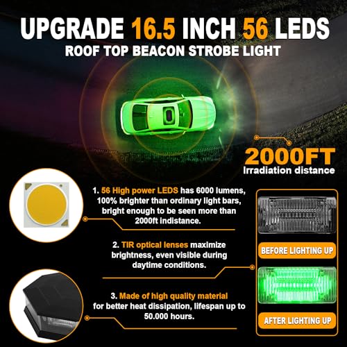ASPL 16.5 Inch Roof Top Beacon Emergency Strobe Light With Controller - 56 LED Magnetic Warning Caution Bar for Traffic Hazard Plow - Trucks Vehicles Construction Snowplow (Green) - color: Green