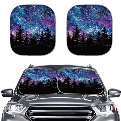 Galaxy Forest Car Front Windows Sunshade 2 Pieces Automotive Windshield Universal Auto Shade Flodable Reflective Sun Shade - color: Galaxy Forest