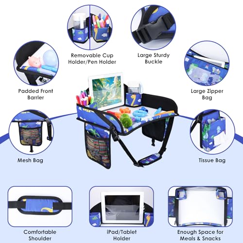 Kids Travel Tray for Airplane - Toddler Car Seat Table Tray, Road Trip Essentials for Boys & Girls, Carseat Lap Desk for Kids Road Trip Activities,Blue Dinosaur - color: Blue Dinosaur